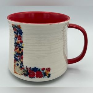 NATHALIE LETE Anthropologie Monogram Initial Mug Cup ‘L’ Red Floral Swan Monkey